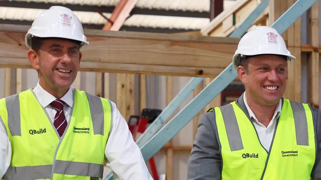 BRISBANE, AUSTRALIA - NewsWire Photos JUNE 3, 2024: Queensland Deputy Premier Cameron Dick, Premier Steven Miles and Housing Minister Meaghan Scanlon during a press conference in Eagle Farm. Picture: NewsWire/Tertius Pickard