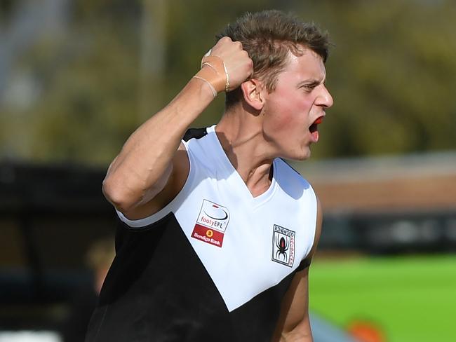 Daniel Jordan of Ringwood reacts after a goal during the EFL match at Scoresby Recreation Reserve in Melbourne, Saturday, July 28, 2018. EFL (Division 3): Scoresby v Ringwood. (AAP Image/James Ross) NO ARCHIVING