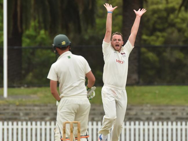 Chris Moore appeals  .Premier Cricket: Camberwell Magpies v Fitzroy Doncaster.Picture:Rob Leeson.