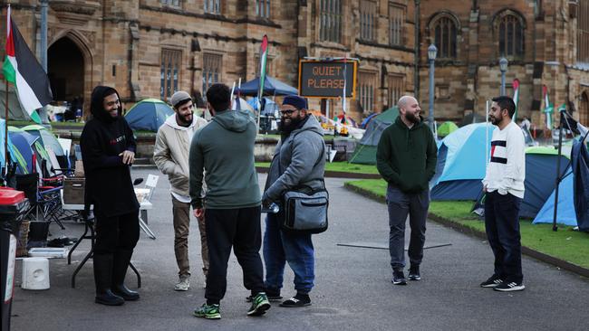 People at the pro-Palestine encampment protest on Monday. Picture: Jane Dempster