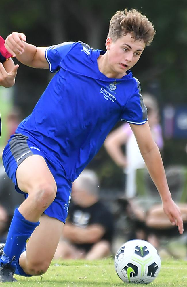 First XI soccer between Brisbane State High School v Churchie. Saturday April 22, 2023. Picture, John Gass