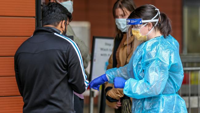 People queuing for a coronavirus test at the Royal Melbourne Hospital. Picture: Tim Carrafa