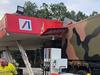 A military vehicle has destroyed an Ampol service station in Sarina, Queensland on May 14, 2024. Picture: Facebook