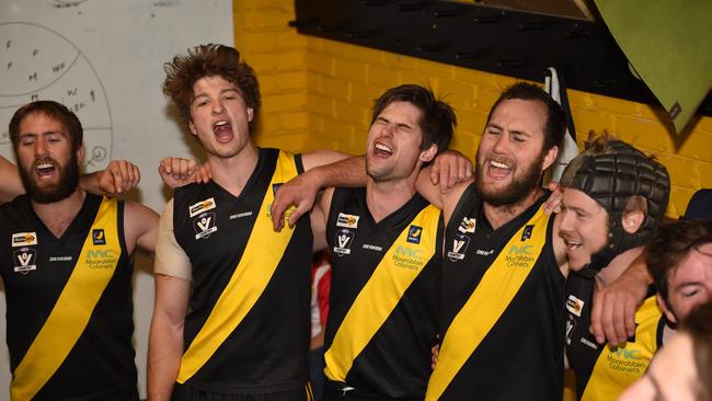 Seaford players sing the song after their win over Mt Eliza on Saturday. Picture: Chris Eastman