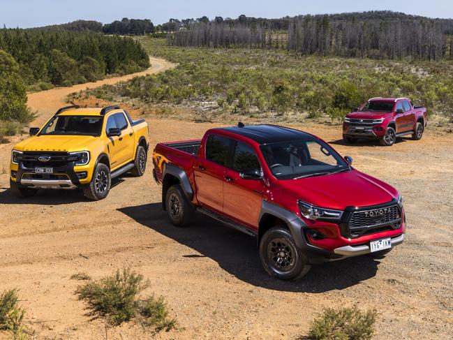 2023 Toyota HiLux GR, Ford Ranger Wildtrak X, Volkswagen Amarok PanAmericana comparison test. Photo: Mark Bean