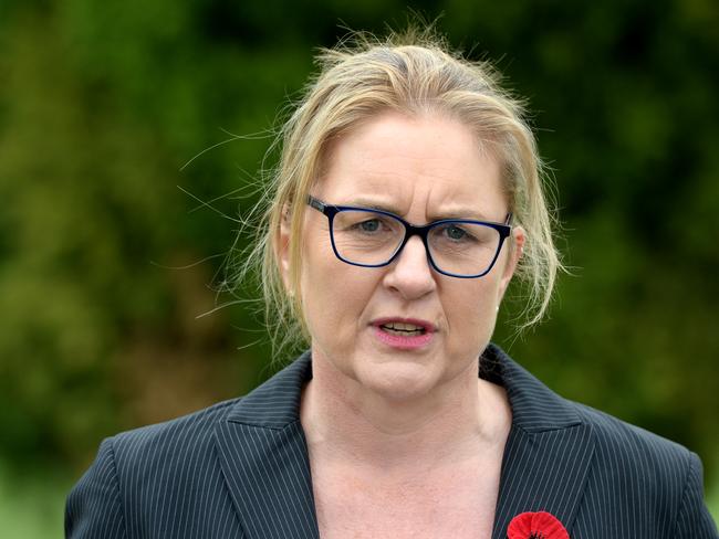 Victorian Premier Jacinta Allan speaks to the media after Remembrance Day commemorations at the Shine. Picture: Andrew Henshaw