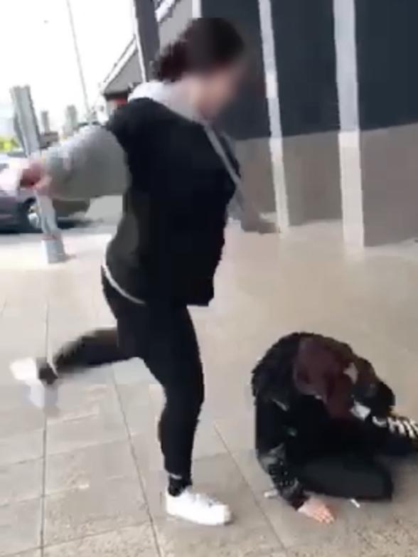 Screen grabs of a teen girl violently attacking another girl at Northland shopping center.