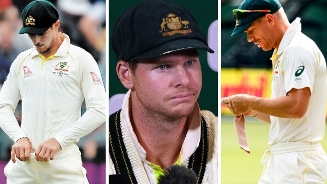 Sandpaper-gate villains Cameron Bancroft, Steve Smith and David Warner.