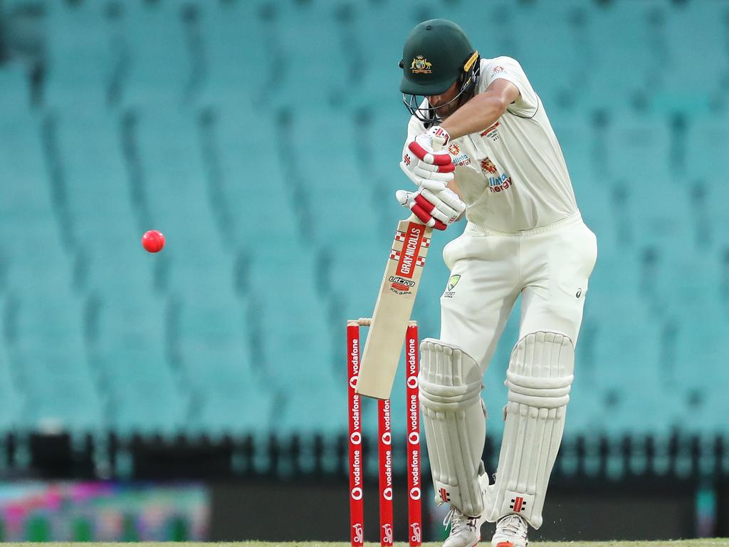 Joe Burns of Australia A is caught behind off the bowling of Jasprit Bumrah of India during day one.