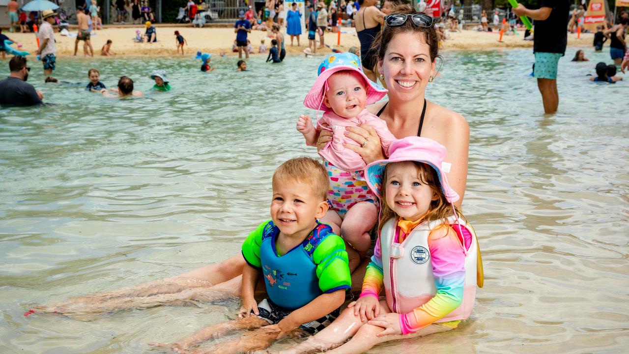 Kerri Hinton with Hunter, Madeline and Rachel at South Bank Lagoon in Brisbane on Sunday. Picture: Richard Walker