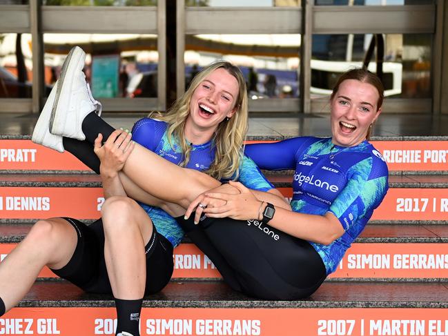 ADELAIDE, AUSTRALIA - JANUARY 13: (L-R) Keely Bennett of Australia and Lillee Pollock of Australia and Team Bridgelane pose for a photograph during the 23rd Santos Tour Down Under 2023 - Team Presentation / #TourDownUnder / on January 13, 2023 in Adelaide, Australia. (Photo by Tim de Waele/Getty Images)