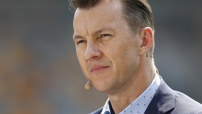 BRISBANE, AUSTRALIA - NOVEMBER 22: Former Australian Cricketer Brett Lee commentates for Fox Cricket during day two of the 1st Domain Test between Australia and Pakistan at The Gabba on November 22, 2019 in Brisbane, Australia. (Photo by Ryan Pierse/Getty Images)