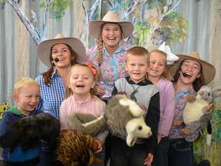 RURAL LIFE: Koala Rumba presenters Eden Smith, Cilla Pershouse and Georgia Spark with Kingaroy kids David Jones, Ciara Adams, Kahn Fleischfresser and Allyrah Adams after the Kingaroy library concert on July 4 last year. Picture: Jessica McGrath