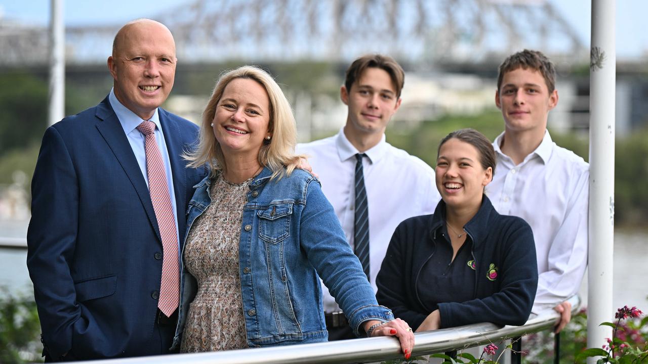 Former Defence Minister Peter Dutton with wife Kirilly, daughter Rebecca 20 and sons Tom 16 and Harry 17 (far R), near the Federal Government offices in Brisbane. Lyndon Mechielsen/The Australian