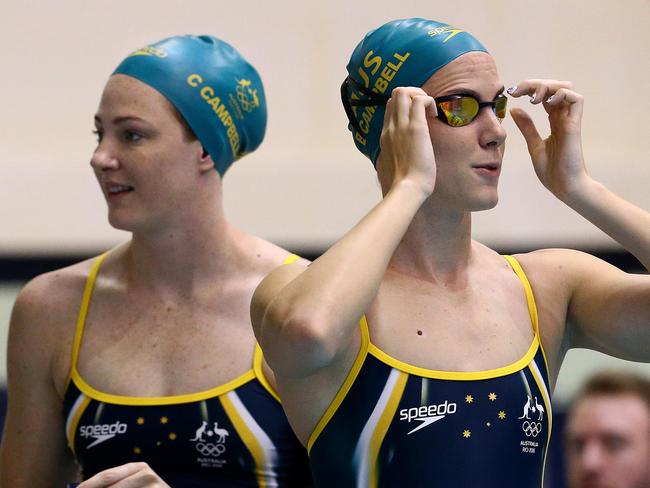 Cate Campbell and sister Bronte Campbell together as the Australian swim team train at Auburn University in the USA in preparation for the Rio Olympics. Pics Adam Head