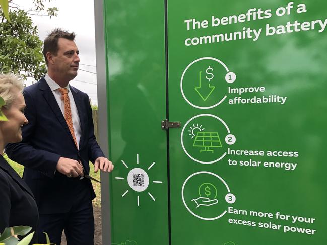 Northern Beaches Mayor Michael Regan (right) and Liberal Upper House MP Natalie Ward at the official launch of the community battery trial at Princess Mary Reserve, Beacon Hill. Picture: Jim O'Rourke