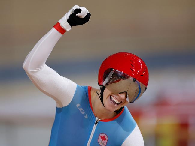 Canada's Kelsey Mitchell after winning the women's track cycling sprint final. Picture: AFP