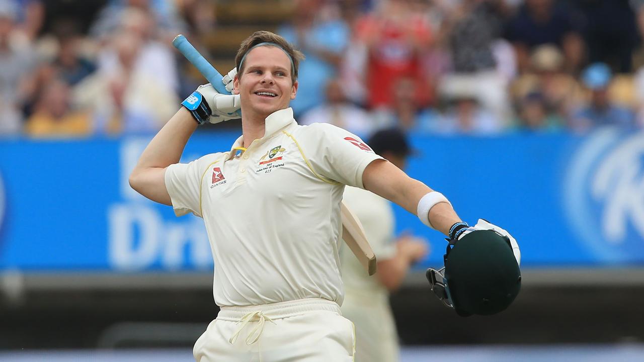 Australia's Steve Smith celebrates reaching his century during play on the fourth day of the first Ashes cricket Test match between England and Australia at Edgbaston in Birmingham, central England on August 4, 2019. (Photo by Lindsey Parnaby / AFP) / RESTRICTED TO EDITORIAL USE. NO ASSOCIATION WITH DIRECT COMPETITOR OF SPONSOR, PARTNER, OR SUPPLIER OF THE ECB
