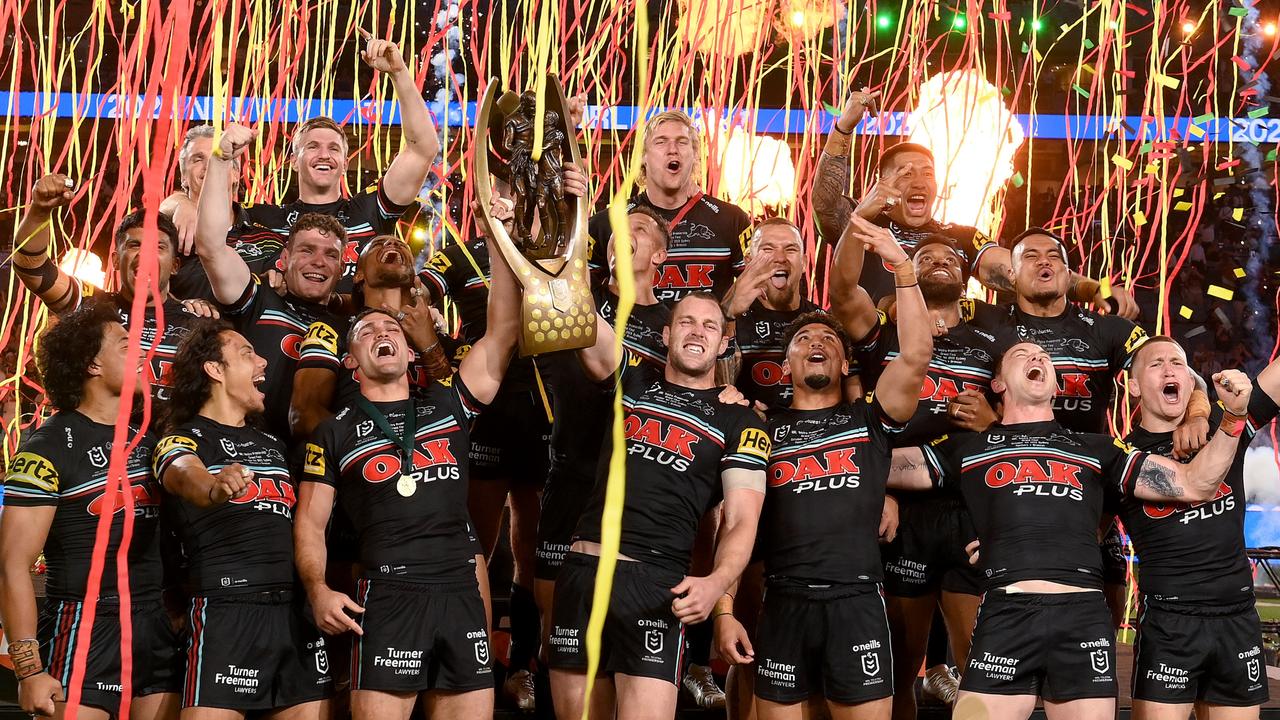 Penrith Panthers celebrate winning the 2023 premiership. Picture: Bradley Kanaris/Getty Images