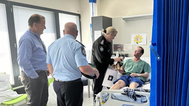 Police Commissioner Katarina Carroll visiting injured police officers in hospital who were most seriously injured of the four officers following an alleged stolen truck incident north of Toowoomba. Picture: Queensland Police