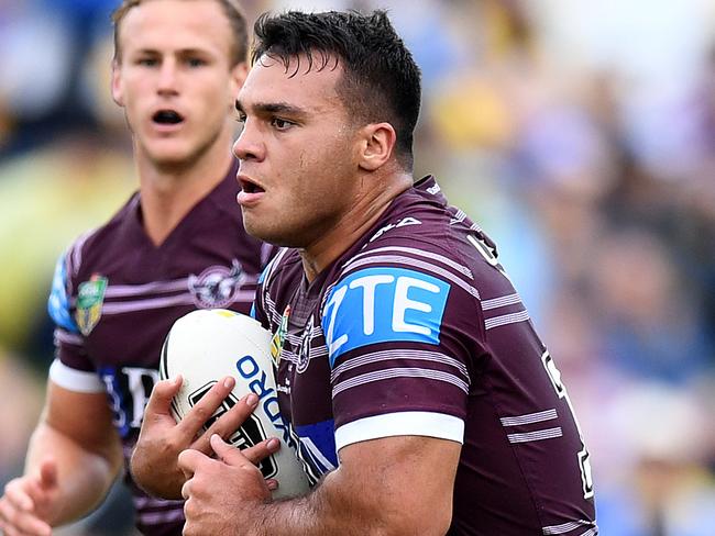 Lloyd Perrett of the Sea Eagles runs with the ball during the Round 1 NRL match between the Manly-Warringah Sea Eagles and the Parramatta Eels at Lottoland in Sydney, Sunday, March 5, 2017. (AAP Image/Dan Himbrechts) NO ARCHIVING, EDITORIAL USE ONLY