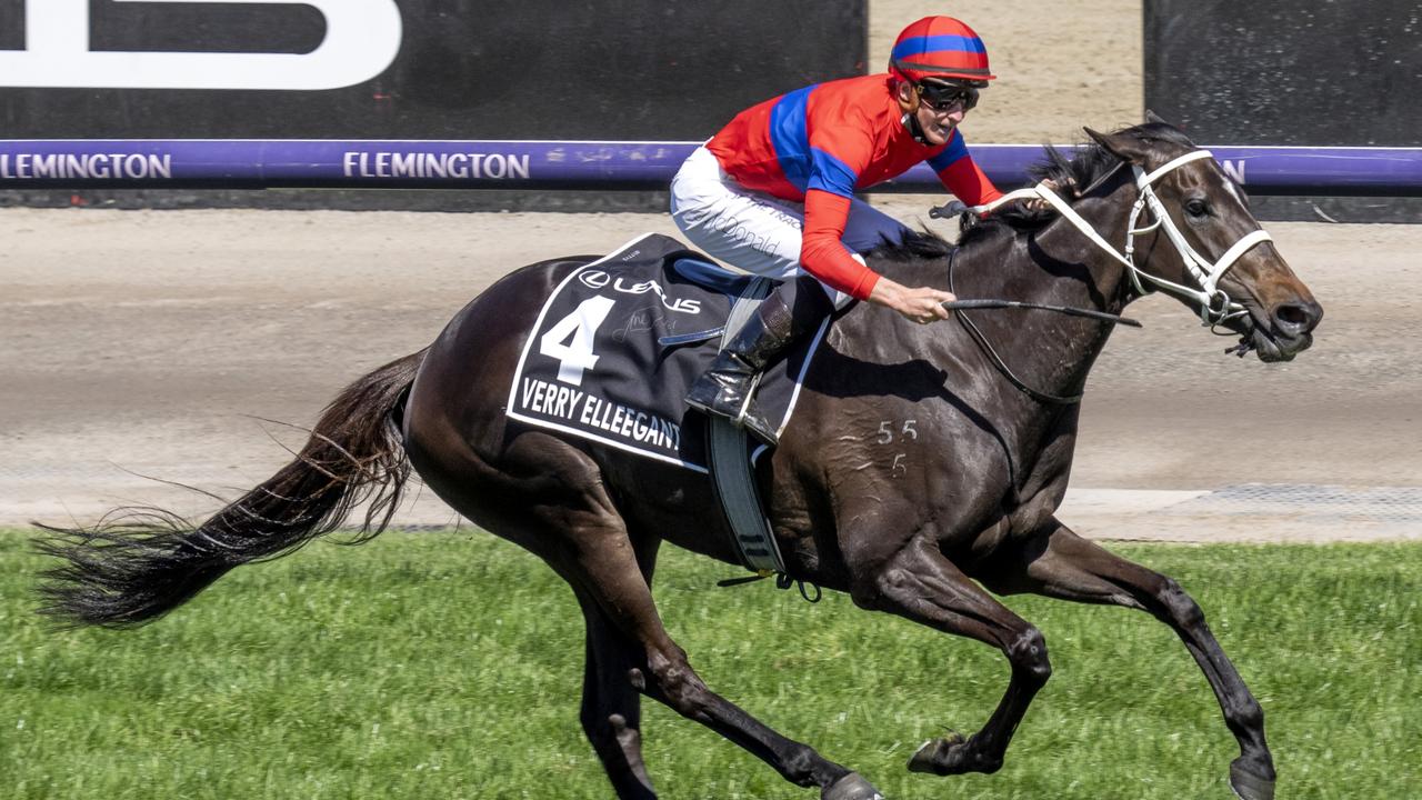 Verry Elleegant (NZ) ridden by James McDonald wins the Lexus Melbourne Cup at Flemington Racecourse on November 02, 2021 in Flemington, Australia. (Jay Town/Racing Photos via Getty Images)