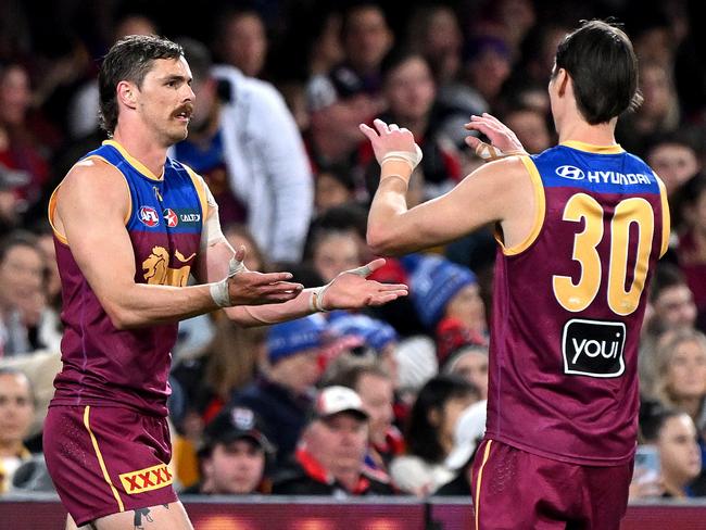 Joe Daniher and Eric Hipwood are in goalkicking form. Picture: Bradley Kanaris/Getty Images