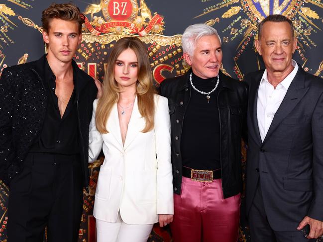 Austin Butler, Olivia DeJonge, Baz Luhrmann and Tom Hanks on the red carpet. Photo: Chris Hyde/Getty Images