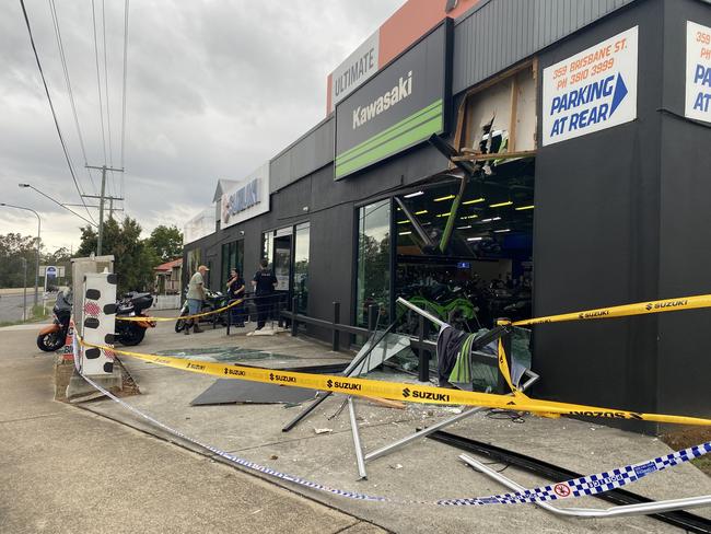 The aftermath of the raid at Ultimate Motorbikes in Ipswich. Picture: Jessica