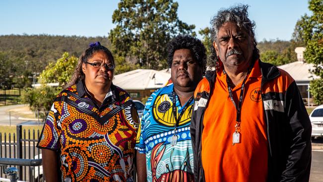 Cherbourg elders Lavina Dynevor, Farron Crawford and Frank Malone at Cherbourg State School. Picture: Dominic Elsome