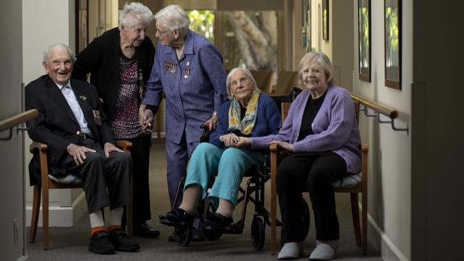 WWII vets Ralph Butcher, Betty Cooper, Marie Laurenceson, Annie Overs and Audrey Baker together at Vasey RSL Care, Brighton. Picture: Arsineh Houspian