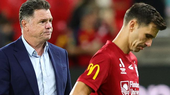 ADELAIDE, AUSTRALIA - FEBRUARY 15: Carl Veart United coach and Isaias of Adelaide United reacts after the 1-2 loss during the round 19 A-League Men match between Adelaide United and Newcastle Jets at Coopers Stadium, on February 15, 2025, in Adelaide, Australia. (Photo by Sarah Reed/Getty Images)