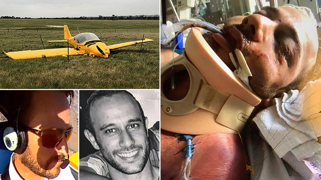 Tarek Mohamed (right, centre) has shared details of his amazing recovery from the light plane crash that left he and fellow trainee pilot Michael Hawthorn (bottom left) seriously injured. Photos: Supplied