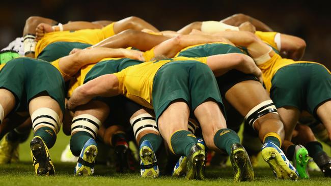 CARDIFF, WALES - SEPTEMBER 23: David Pocock of Australia pushes the scrum during the 2015 Rugby World Cup Pool A match between Australia and Fiji at Millennium Stadium on September 23, 2015 in Cardiff, United Kingdom. (Photo by Michael Steele/Getty Images)