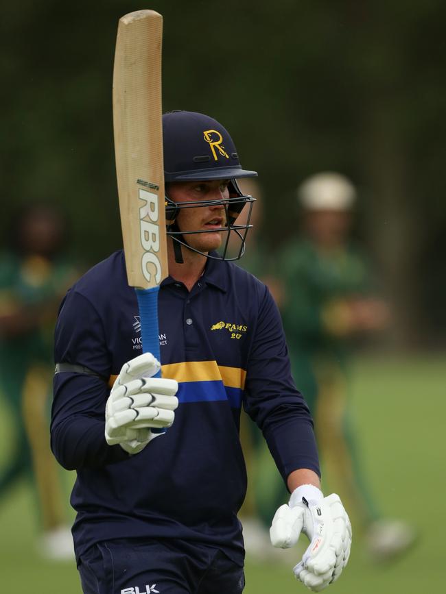 Tom Rogers acknowledges his century. Picture: Stuart Milligan