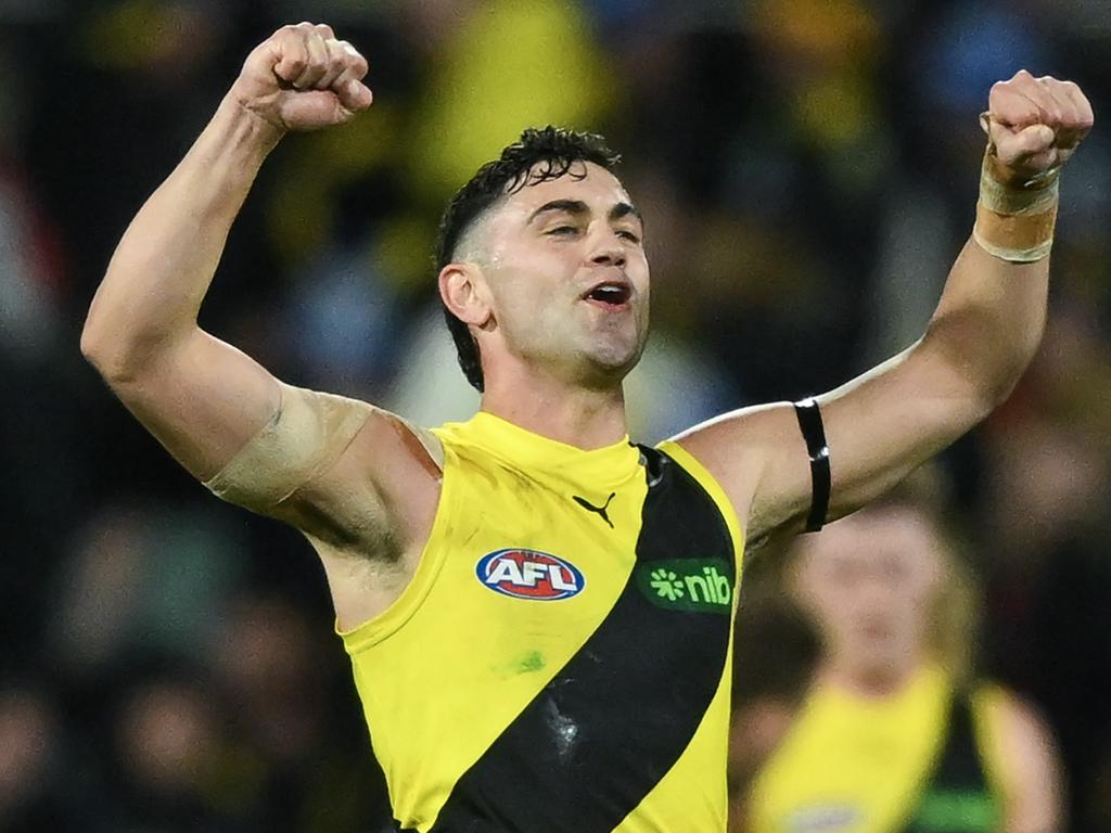 ADELAIDE, AUSTRALIA - JUNE 06: Tim Taranto of the Tigers celebrate the final siren during the round 13 AFL match between Adelaide Crows and Richmond Tigers at Adelaide Oval, on June 06, 2024, in Adelaide, Australia. (Photo by Mark Brake/Getty Images)