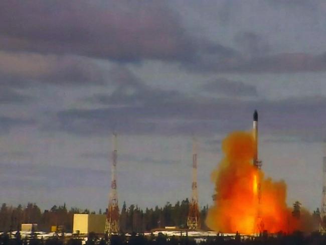 A handout video still released by the Russian Defence Ministry shows the launching of the Sarmat intercontinental ballistic missile at Plesetsk testing field, Russia. Picture: AFP