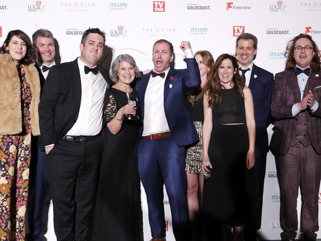 The creators of the popular cartoon, Bluey, after winning the Logie for Most Outstanding Children's Program at the 62nd TV Week Logie Awards at the Gold Coast Convention and Exhibition Centre on the Gold Coast in June. Picture: Josh Woning