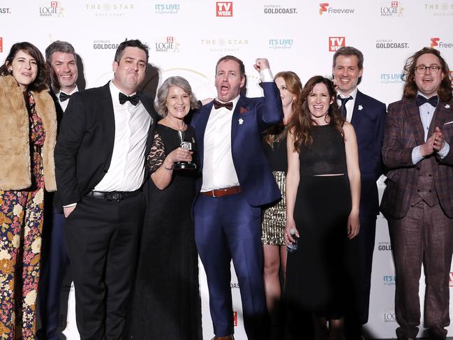 The creators of the popular cartoon, Bluey, after winning the Logie for Most Outstanding Children's Program at the 62nd TV Week Logie Awards at the Gold Coast Convention and Exhibition Centre on the Gold Coast in June. Picture: Josh Woning