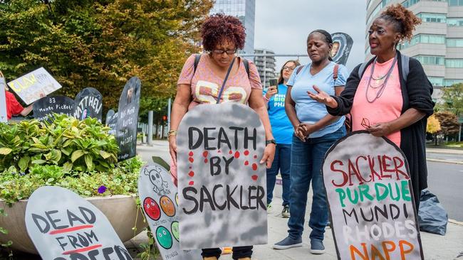 Demonstrators protest outside Purdue Pharma’s headquarters in Stamford, Conn. Picture: Zuma Press