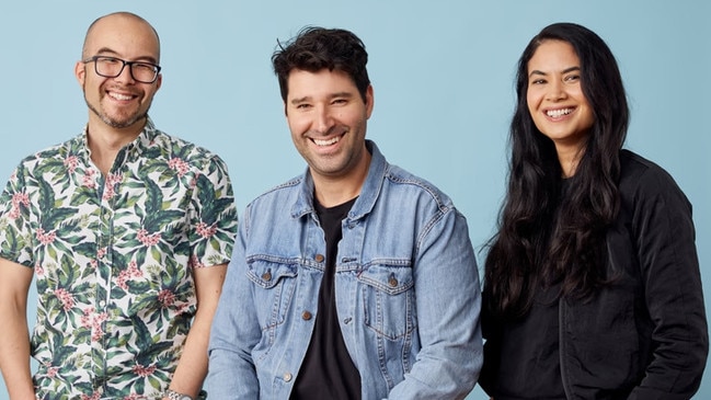 Canva co-founders Cameron Adams, Cliff Obrecht and Melanie Perkins ahead of the tech darling’s announcement that it had reached a valuation close to $50bn. Source: Supplied.