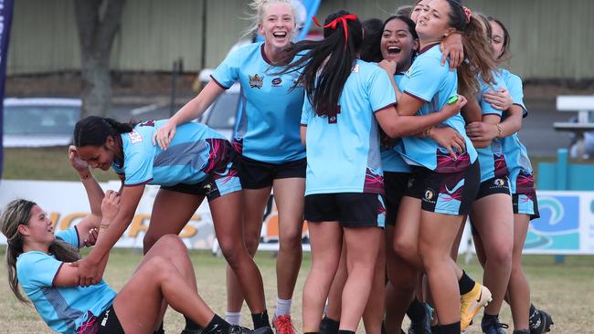 The Keebra Park Girls year 9-10 division one team celebrate a nailbiting win against Mabel Park... Picture Glenn Hampson