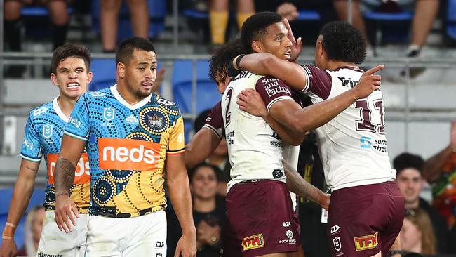 Jason Saab celebrates a try (Photo by Chris Hyde/Getty Images)