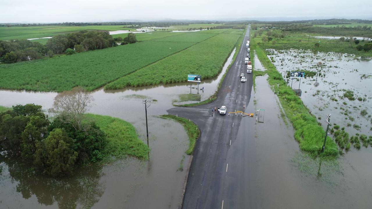Drone images of flooding at Thompson's Creek on the Bruce Highway looking north. Photos: Robert Murolo