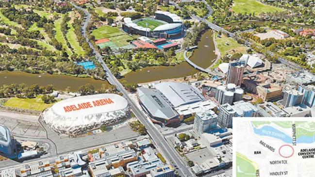 An artist's impression of the proposed multipurpose Adelaide Arena – the space has since been occupied by University of Adelaide and University of South Australia buildings.