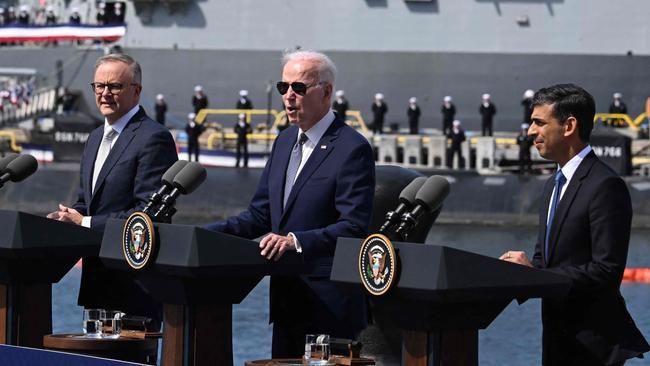 Joe Biden speaks alongside Rishi Sunak and Anthony Albanese at Naval Base Point Loma in San Diego on Tuesday (AEDT). Picture: AFP