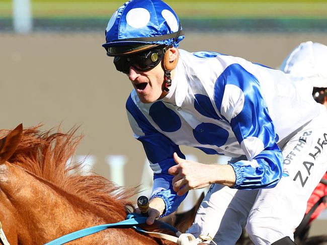 SYDNEY, AUSTRALIA - APRIL 13: Mark Zahra riding Autumn Angel wins Race 6 The Star Australian Oaks during Sydney Racing: The Championships at Royal Randwick Racecourse on April 13, 2024 in Sydney, Australia. (Photo by Jeremy Ng/Getty Images)