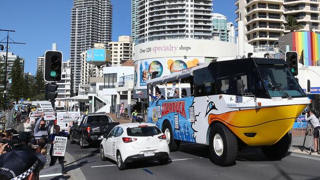 Protesters make their feelings known in Surfers Paradise. Picture: Glenn Hampson.