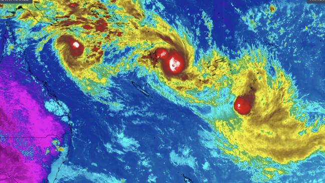 Rare satellite image of three cyclones circling in South Pacific Ocean which shows Severe Tropical Cyclone Alfred (left), Tropical Cyclone Seru (centre) and Cyclone Rae (right). Image: Weatherzone