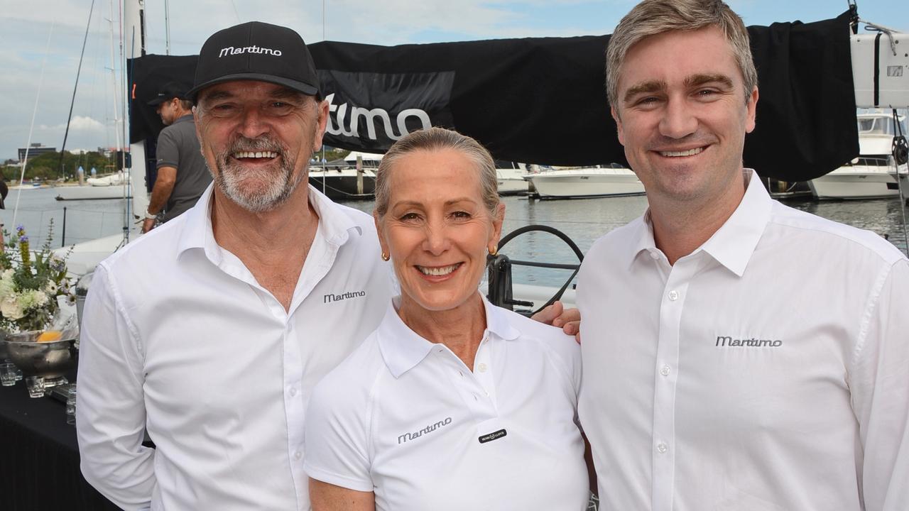 Phil Candler, Leanne St George and Tom Barry-Cotter at Maritimo 11 farewell party at Southport Yacht Club, Main Beach. Pic: Regina King